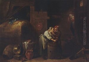 A Barn Interior With A Man Courting A Maid, And A Peasant Woman Peeking Around A Corner In The Background