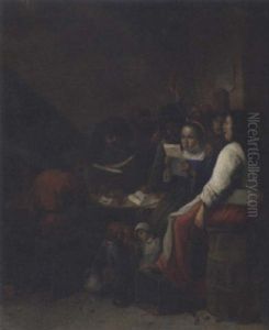 A Peasant Woman Reading A Letter In An Interior Accompanied By Carousing Boors