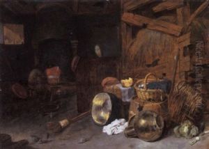 A Barn Interior With A Basket Of Eggs And Kitchen Utensils In The Foreground, An Owl And Two Peasants Beside A Fireplace Beyond by David Ryckaert III