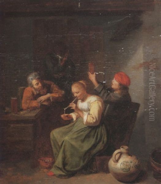 Peasants Drinking And Smoking In An Interior, A Salt-glazed Stoneware Vessel In The Foreground - view 1