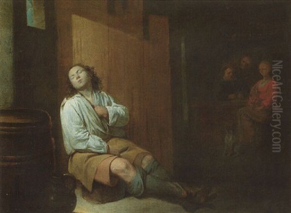 An Interior With A Young Man Sleeping In The Foreground, Other Figures Beyond - view 1