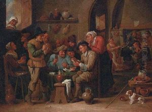 Peasants Playing Cards In A Tavern Interior by David Ryckaert III