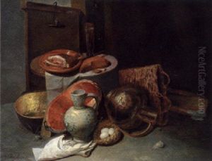 Copper Pots, A Stoneware Jug, A Bird's Nest And A Basket With A Dish Of Ham, A Cheese And A Glass On A Partially Draped Table by David Ryckaert III