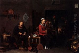 A Peasant Interior With A Cobbler, A Woman At Her Spinning Wheel, And Other Figures By The Hearthside