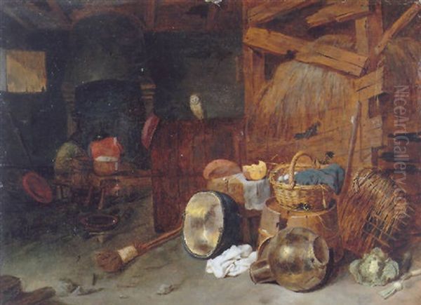 The Interior Of A Barn With A Still Life Of A Basket Of Eggs And Kitchen Utensils In The Foreground - view 1
