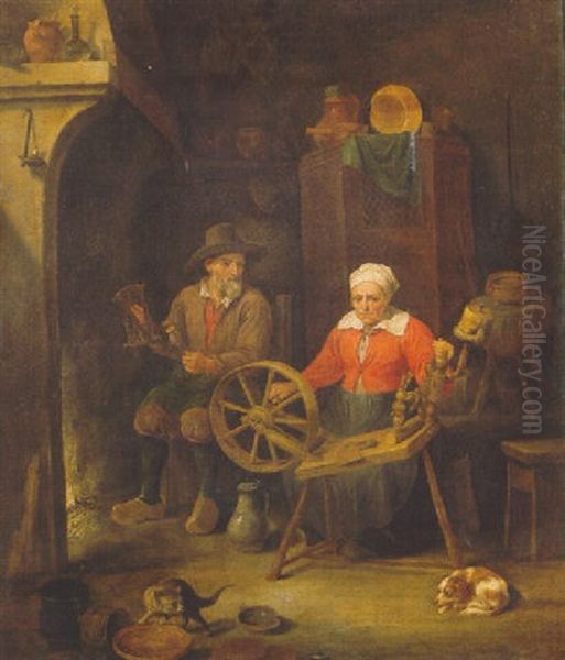 A Peasant Couple At A Spinning Weel By A Fire In A Barn - view 1
