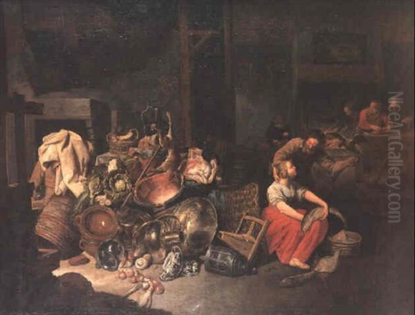 A Kitchen Interior With A Falconer And A Maidservant Beside An Extensive Still Life Of Food And Kitchen Utensils, Other Servants Working Beside A Fireplace Beyond - view 1