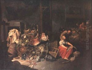 A Kitchen Interior With A Falconer And A Maidservant Beside An Extensive Still Life Of Food And Kitchen Utensils, Other Servants Working Beside A Fireplace Beyond by David Ryckaert III