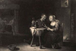 The Interior Of A Tavern With An Amorous Couple Drinking At A Table by David Ryckaert III