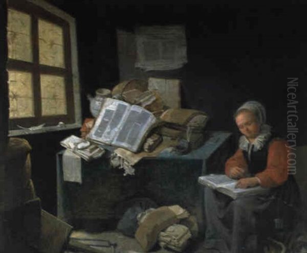 Lesende Frau An Einem Tisch Mit Folianten - view 1