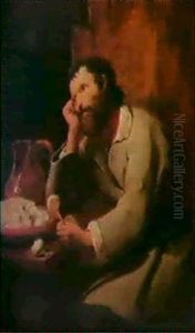A Peasant Seated At A Table Eating Gruel From A Bowl, An    Onion And A Jug Beside Him