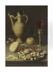 A Stoneware Ewer,a Berkemeyer And A Conical Glass In A Bekerschroef, With Confectionary In A Silver Platter, On A Ledge