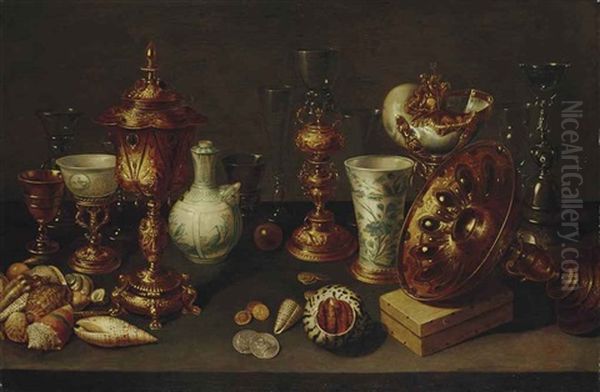 Nature Morte Aux Coquillages, Avec Un Nautile, Des Vases, Des Verres Et Des Branches De Corail - view 1
