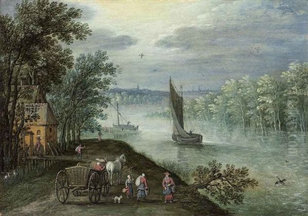 A Wooded, River Landscape With A Sailing Boat, Figures With A Horse And Cart On A Track In The Foreground - view 1