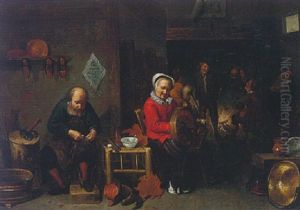 A Peasant Interior With A Cobbler, A Woman At Her Spinning Wheel, And Other Figures By The Hearthside