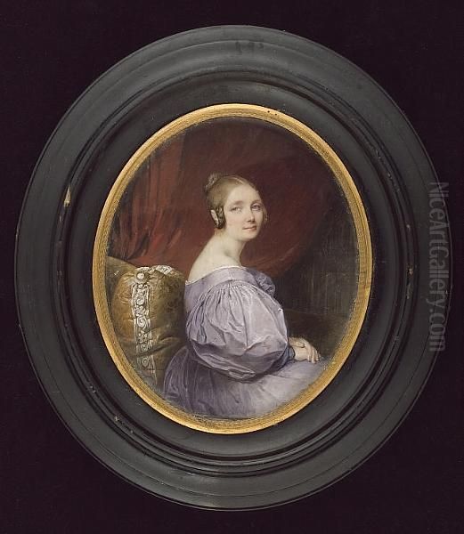 A Young Lady, Seated On A Chaise-longue, Wearing Mauve Dress With Large Puff Sleeves, Her Hair Worn In A Bun, Crimson Curtain Background - view 1