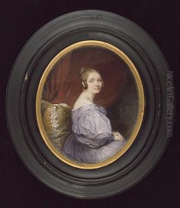 A Young Lady, Seated On A Chaise-longue, Wearing Mauve Dress With Large Puff Sleeves, Her Hair Worn In A Bun, Crimson Curtain Background