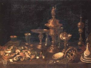 Silver-gilt Cups, A Tazza, Other Dishes And Seashells On A Draped Table