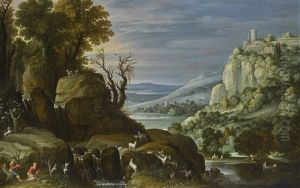 Mountainous Landscape With A Clifftop Castle And Goats Frolicking On The Rocks