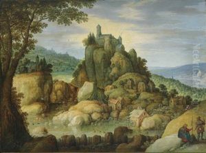 An Extensive Rocky River Landscape With Pilgrims On A Path By A Castle On A Hill