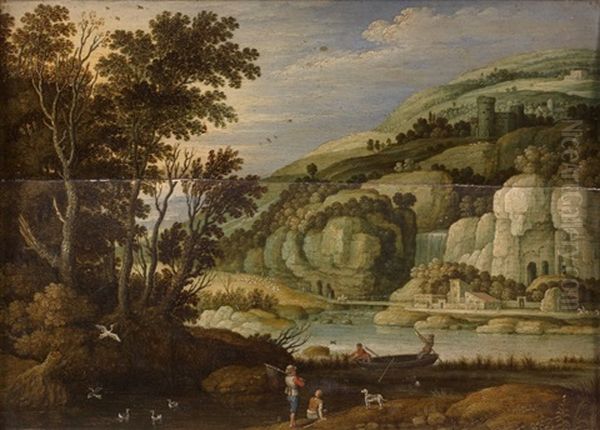 Paysage A La Cascade, Surmontee D'une Colline Rocheuse, Avec Pecheurs En Barque Et Sur La Rive - view 1
