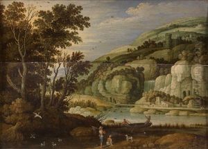 Paysage A La Cascade, Surmontee D'une Colline Rocheuse, Avec Pecheurs En Barque Et Sur La Rive