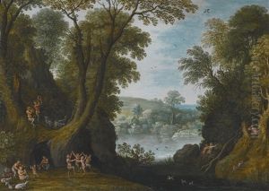 Forest Landscape With Fauns Making Merry At A Lakes Edge