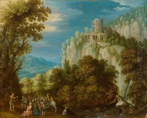 Landscape With St John The Baptist Preaching, With The Temple Of The Sibyl At Tivoli In The Background by Marten Ryckaert