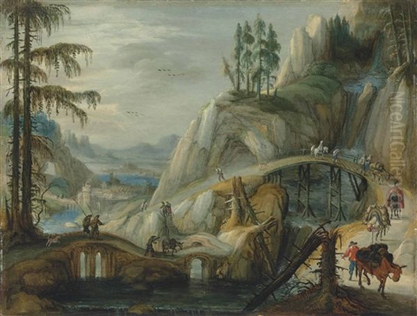 An Alpine Landscape With Travellers And Their Donkeys On A Path - view 1