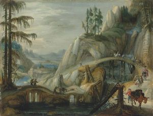 An Alpine Landscape With Travellers And Their Donkeys On A Path