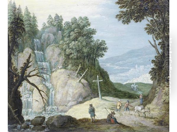Figures Before A Waterfall, A Town Beyond - view 1
