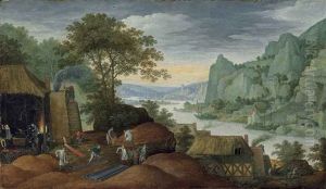 A Rocky Landscape With Figures By An Iron Foundry, A River And Houses On The Bank Beyond by Marten Ryckaert