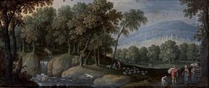 Paysage De Cascades Avec Une Scene Pastorale Dans Des Collines by Marten Ryckaert