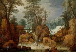 Ein Fischer In Einem Fluss In Einer Bewaldeten Landschaft Ein Fischer In Einem Fluss In Einer Bewaldeten Landschaft