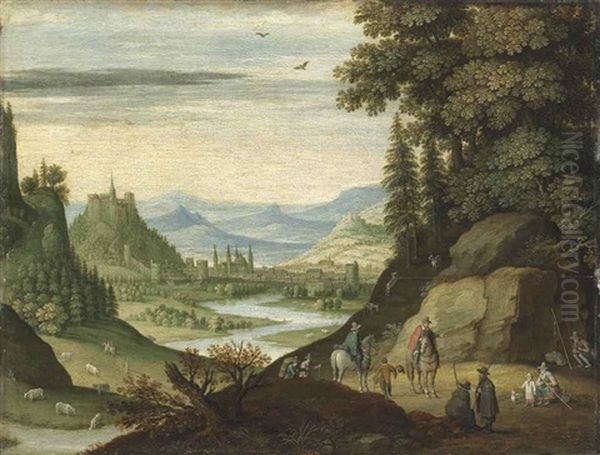 An Extensive Mountainous Landscape With Figures On Horseback And Others Resting In The Foreground, A Winding River And A Town Beyond - view 1