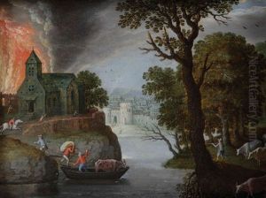 Paysage Aquatique Avec Figures Fuyant Une Ville En Flammes by Marten Ryckaert