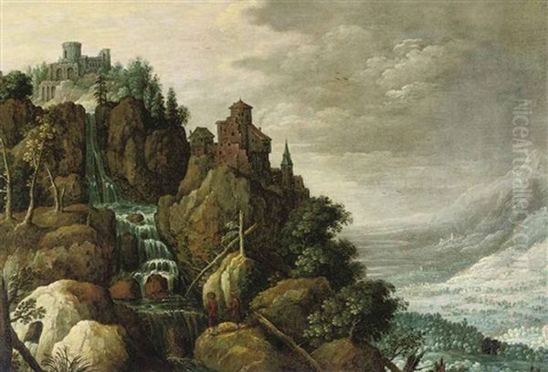 A Mountainous Landscape With A Waterfall And A Fortification On The Rocks, Figures Conversing In The Foreground - view 1