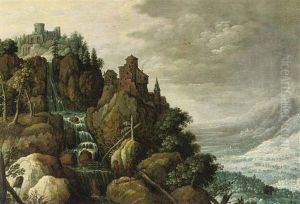 A Mountainous Landscape With A Waterfall And A Fortification On The Rocks, Figures Conversing In The Foreground