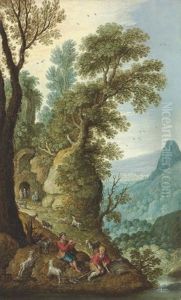 A Mountainous Landscape With Goatherds In The Foreground, And A Grotto Beyond by Marten Ryckaert