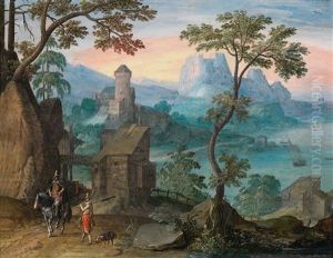 Weite Gebirgslandschaft Mit Einer Burg Und Einem Reiter
