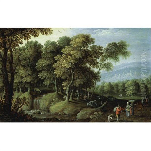 A Clearing In A Forest With Cattle Watering At A Pool And Peasants On A Road In The Foreground - view 1