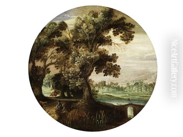 Landschaft Mit Eichenbaumen, Hausern In Der Ferne Und Staffagefiguren Am Flussufer - view 1