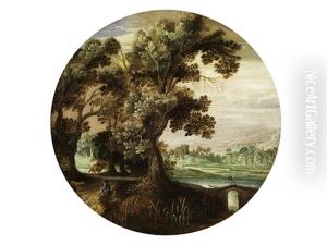 Landschaft Mit Eichenbaumen, Hausern In Der Ferne Und Staffagefiguren Am Flussufer Landschaft Mit Eichenbaumen, Hausern In Der Ferne Und Staffagefiguren Am Flussufer