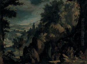 Paysage De Montagne Au Pont (+ Paysage De Montagnes Aux Promeneurs; Pair) by Marten Ryckaert
