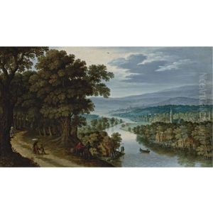 A Panoramic Mountainous River Landscape With Figures On A Path, A Village And Fishermen Beyond by Marten Ryckaert