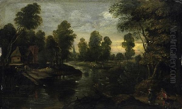 Bewaldete Fluslandschaft. Am Ufer Vor Einer Furt Zwei Jager - view 1
