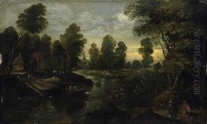 Bewaldete Fluslandschaft. Am Ufer Vor Einer Furt Zwei Jager by Marten Ryckaert