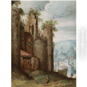 A Landscape With A Ruined Castle In The Foreground, Charged With The Papal Coat-of-arms, And A View Of A Town Beyond by Marten Ryckaert