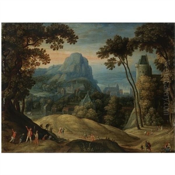 An Extensive Hilly Landscape With A Town In A Valley And A Castle In The Midground - view 1