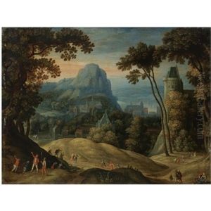 An Extensive Hilly Landscape With A Town In A Valley And A Castle In The Midground by Marten Ryckaert